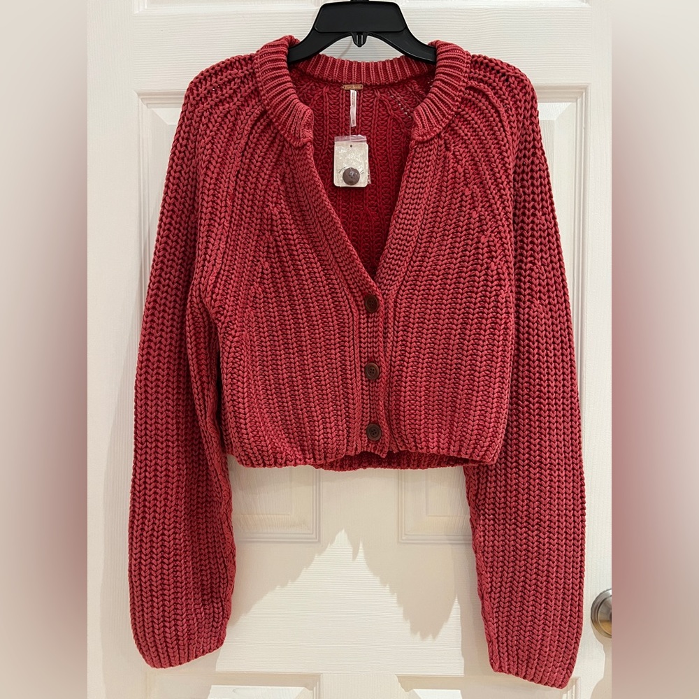 Free People woman’s red/ rouge cherry cotton Button-Front Cardigan